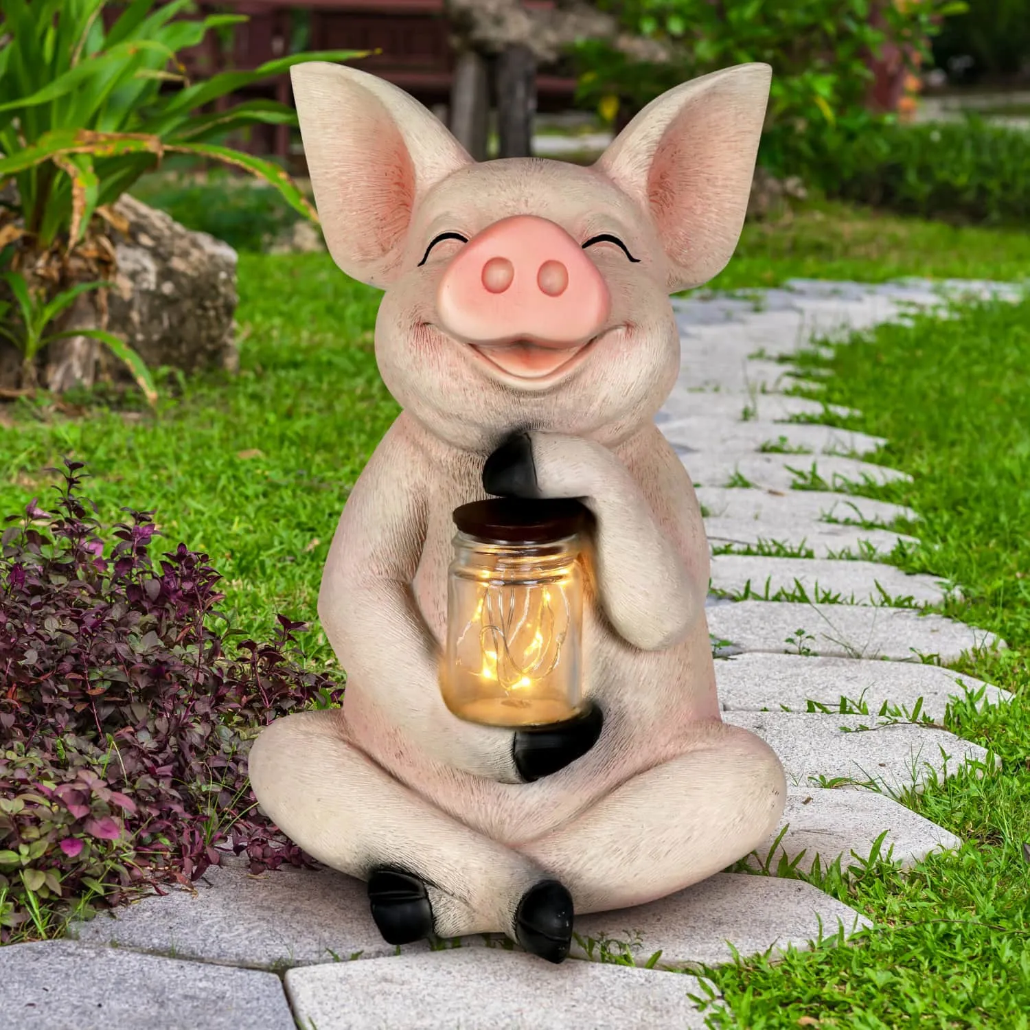 Solar Pig Garden Statue Holding a Glass Jar with Eight LED Firefly String Lights, 7 by 10.5 Inches