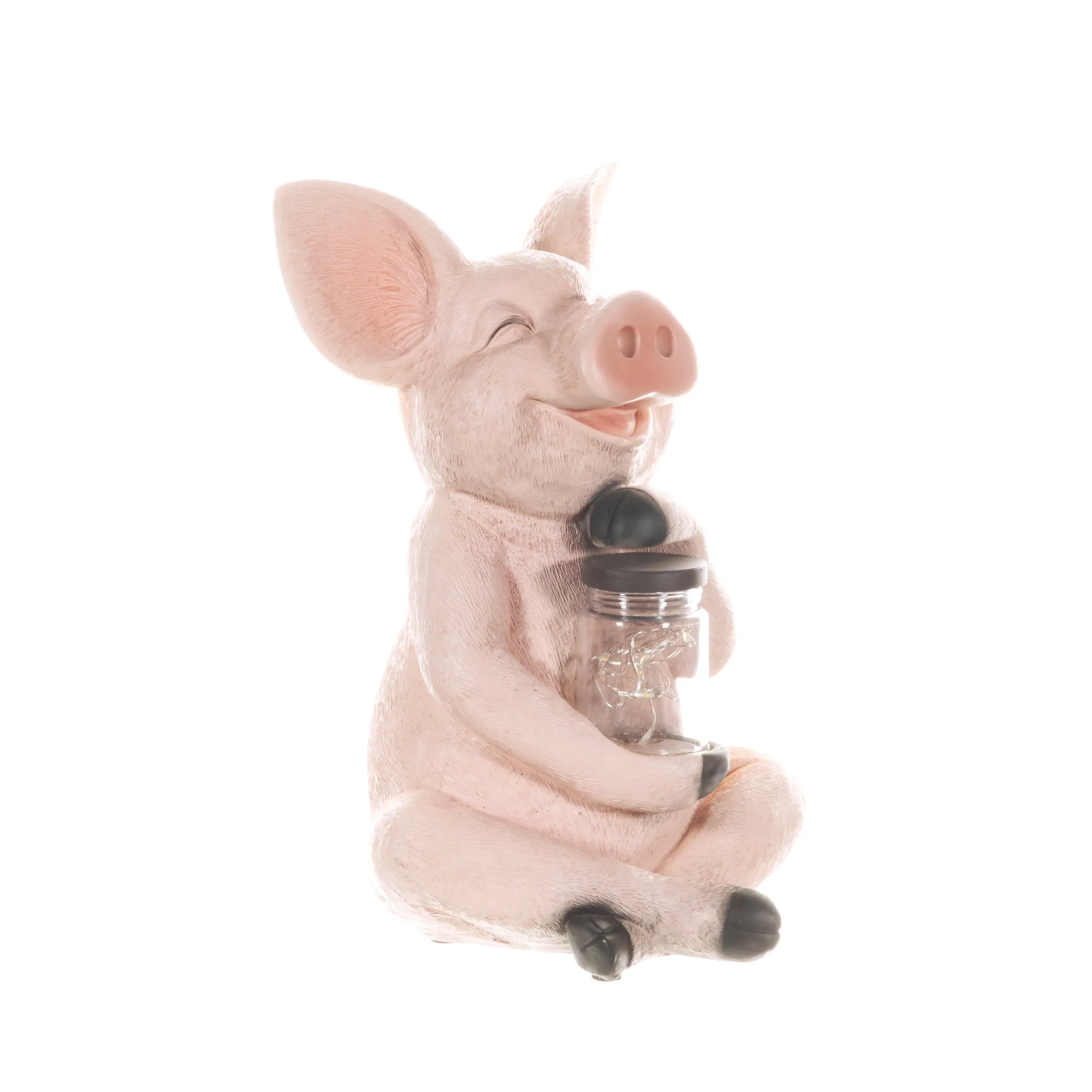 Solar Pig Garden Statue Holding a Glass Jar with Eight LED Firefly String Lights, 7 by 10.5 Inches