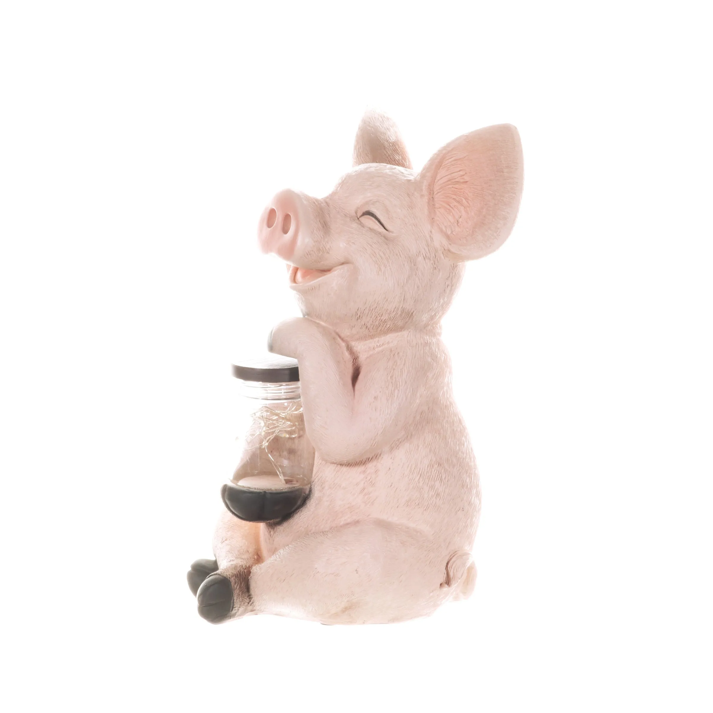 Solar Pig Garden Statue Holding a Glass Jar with Eight LED Firefly String Lights, 7 by 10.5 Inches