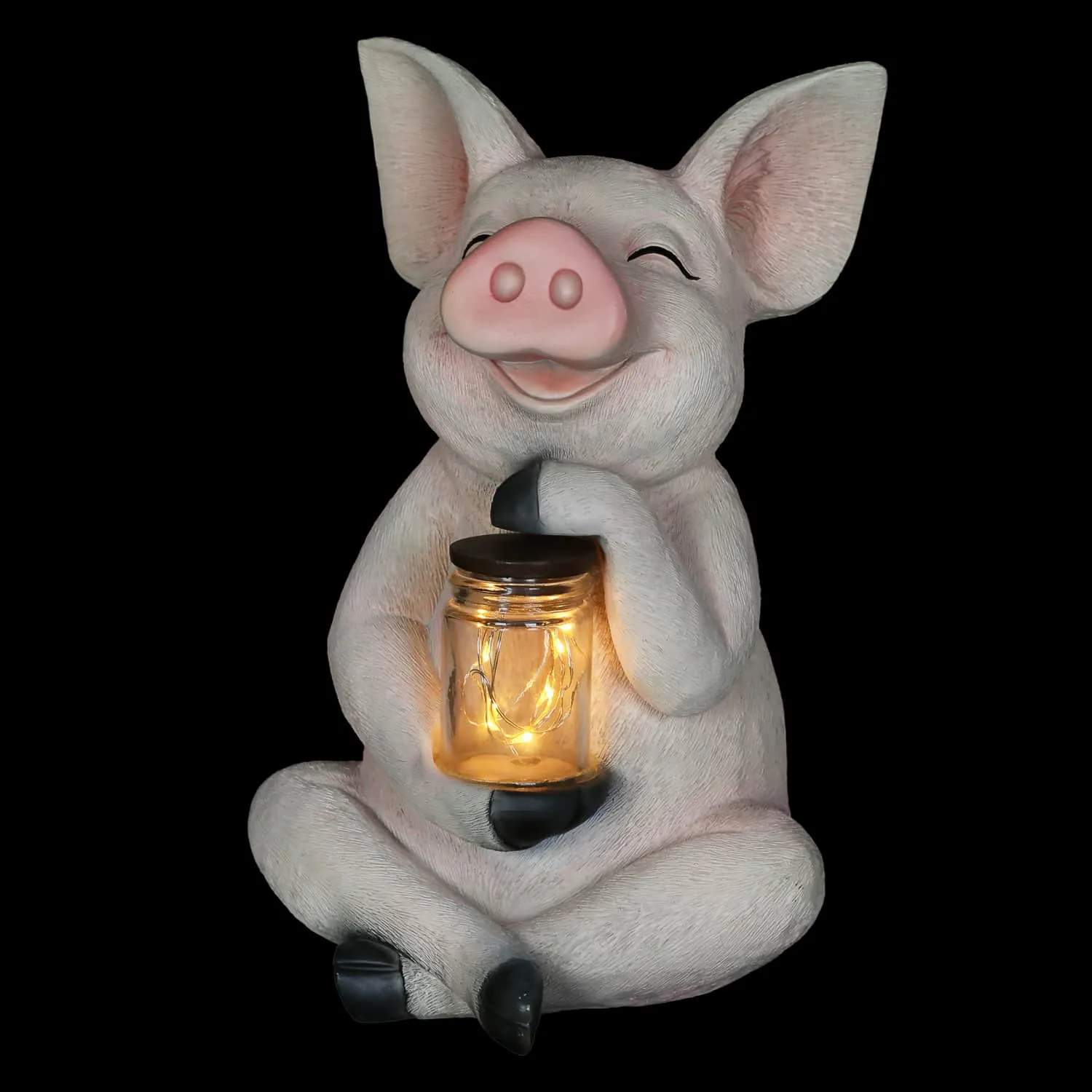 Solar Pig Garden Statue Holding a Glass Jar with Eight LED Firefly String Lights, 7 by 10.5 Inches