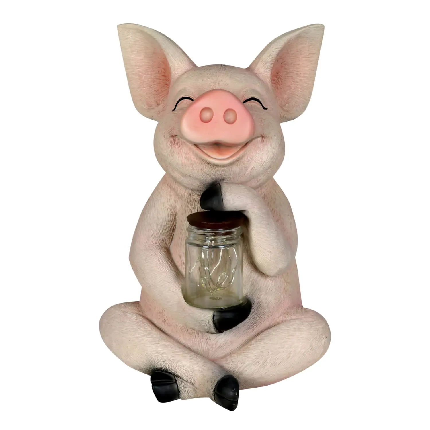 Solar Pig Garden Statue Holding a Glass Jar with Eight LED Firefly String Lights, 7 by 10.5 Inches