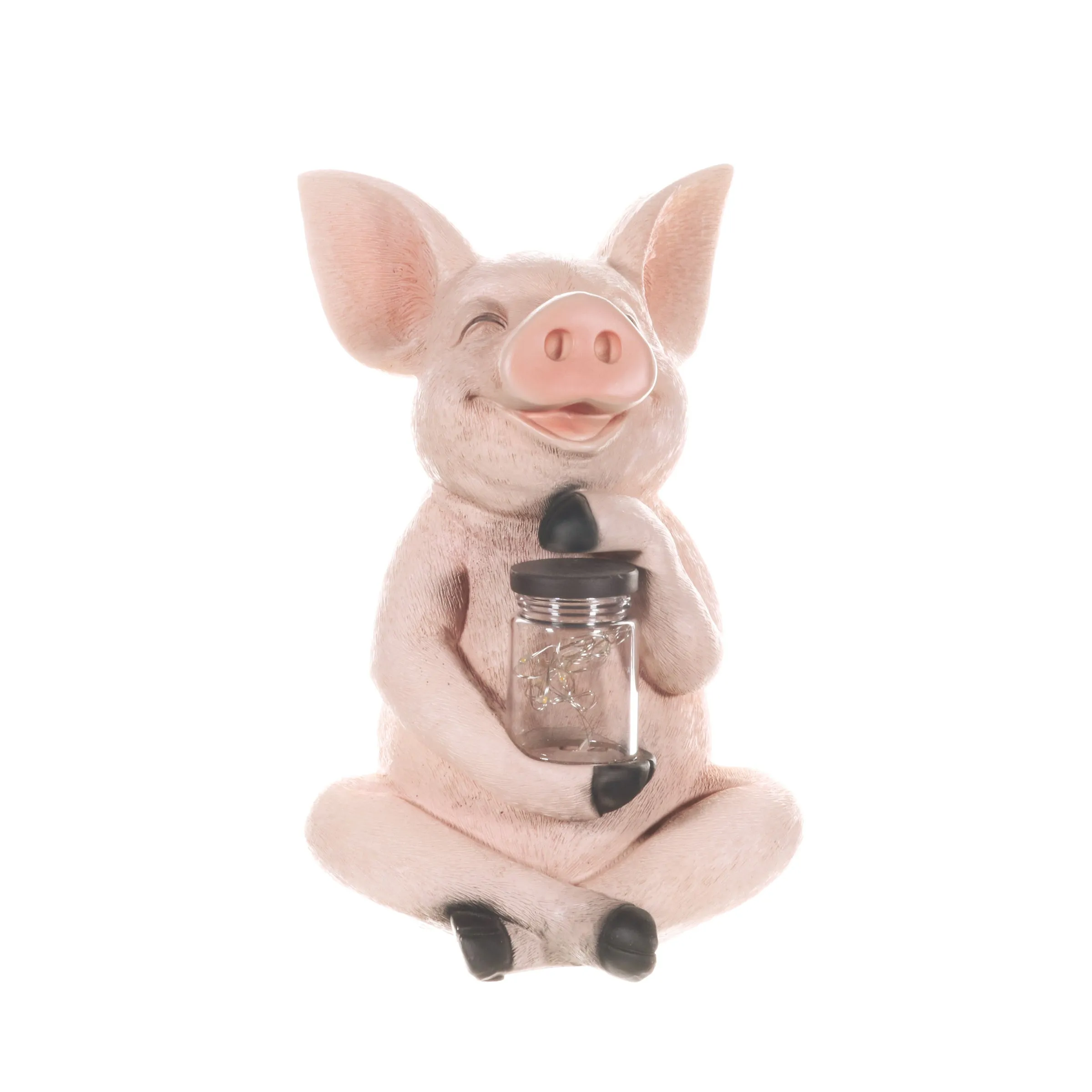 Solar Pig Garden Statue Holding a Glass Jar with Eight LED Firefly String Lights, 7 by 10.5 Inches