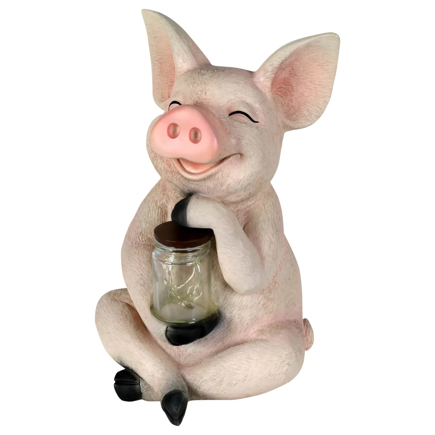 Solar Pig Garden Statue Holding a Glass Jar with Eight LED Firefly String Lights, 7 by 10.5 Inches