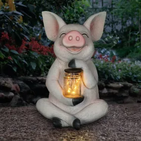 Solar Pig Garden Statue Holding a Glass Jar with Eight LED Firefly String Lights, 7 by 10.5 Inches