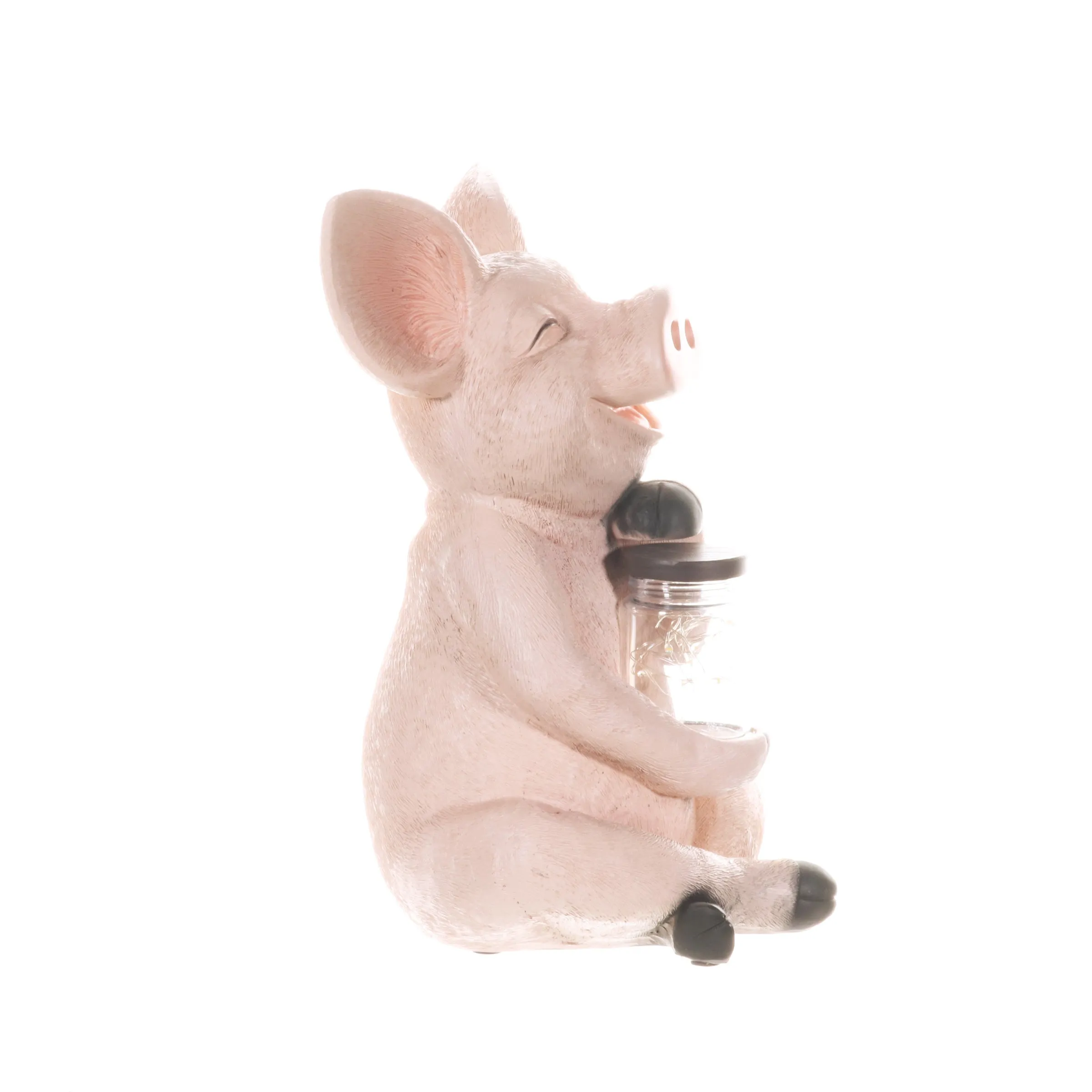 Solar Pig Garden Statue Holding a Glass Jar with Eight LED Firefly String Lights, 7 by 10.5 Inches