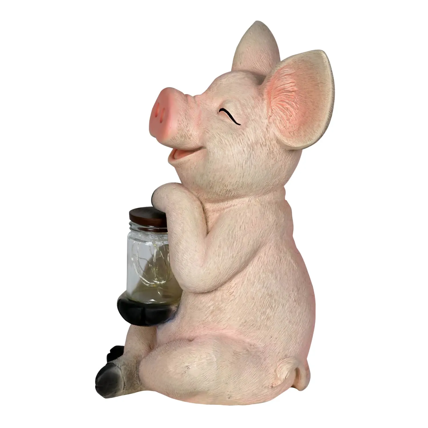 Solar Pig Garden Statue Holding a Glass Jar with Eight LED Firefly String Lights, 7 by 10.5 Inches