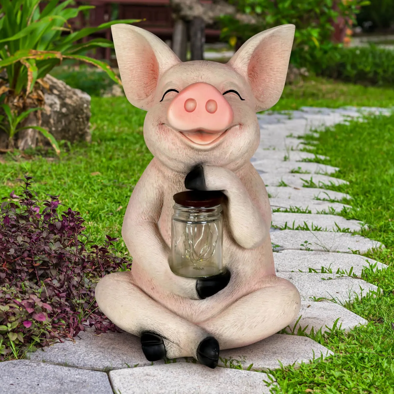 Solar Pig Garden Statue Holding a Glass Jar with Eight LED Firefly String Lights, 7 by 10.5 Inches