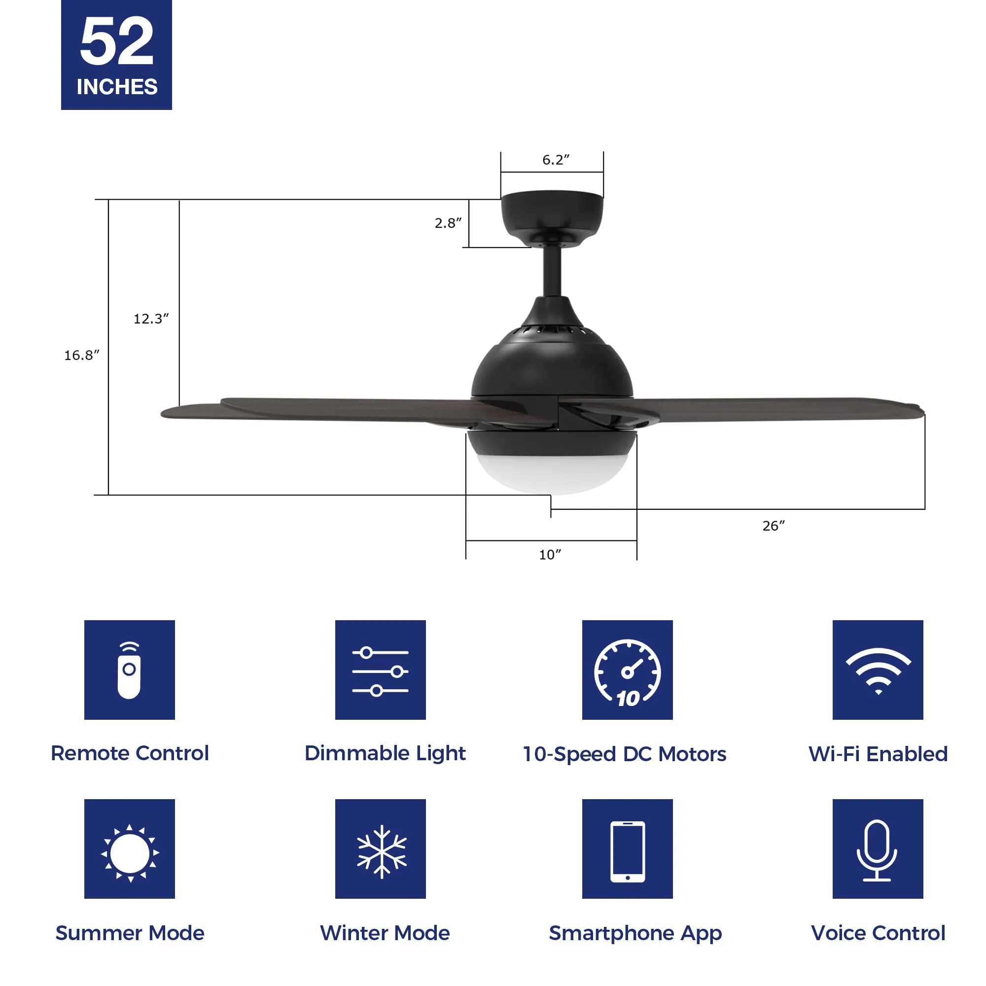 Sonnen Outdoor Smart Ceiling Fan with LED Light and Remote 52 inch