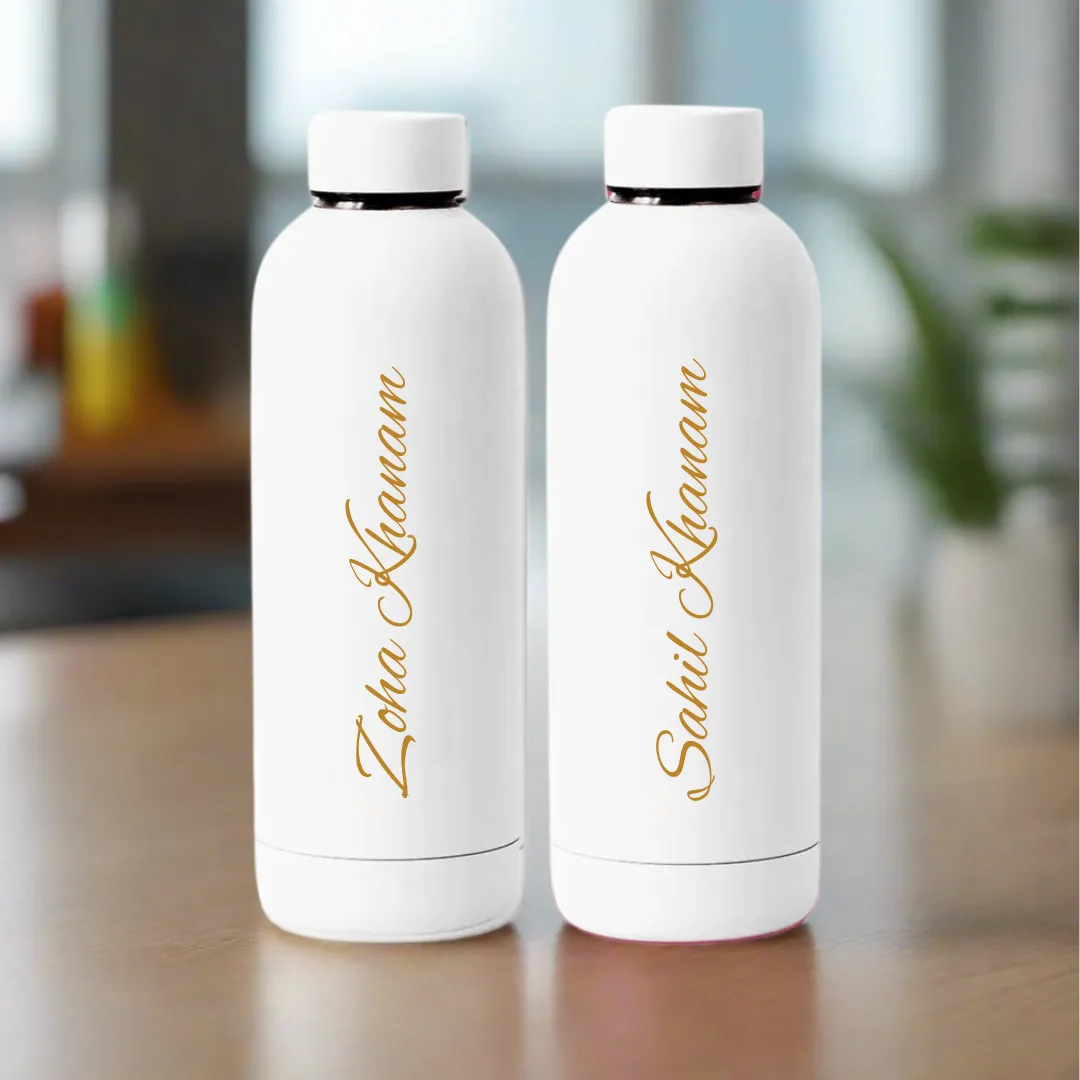 Stainless Steel Water Bottle with Names 500ml Double Insulated Bottles for Office Home Travel- BPA Free, Leakproof- Set OF 2