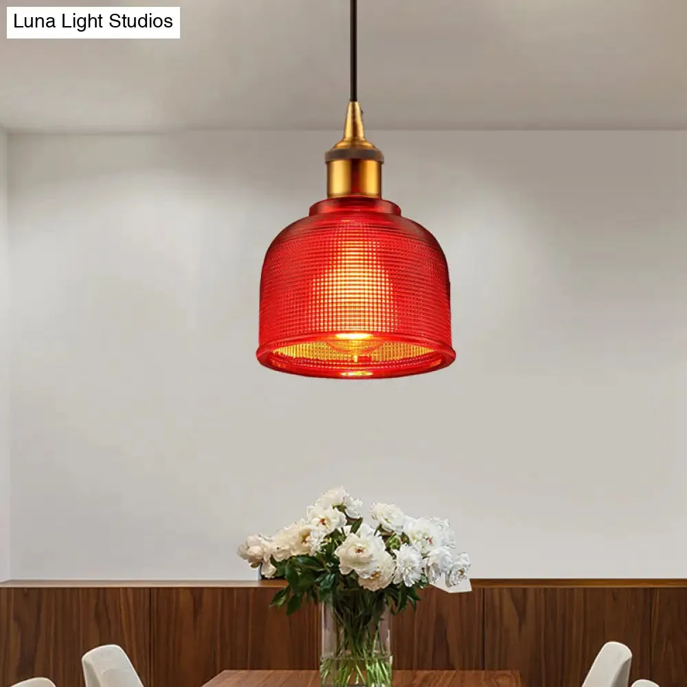 Stylish Grid Glass Pendant Light - Traditional 1 Head Hanging Lamp Cup Shade for Living Room and Cafe