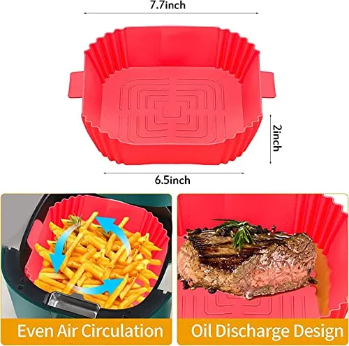 SZONZ Silicone air Fryer Basket Air Fryer Silicone Pots Non-Stick Air Fryer Liners with Ear Handles Reusable AirFryer Silicone Basket Parchment Pot Paper Multicolor (Square, Pack of 3)