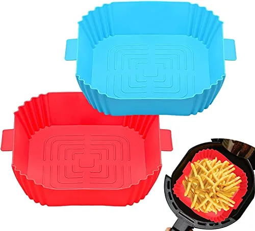 SZONZ Silicone air Fryer Basket Air Fryer Silicone Pots Non-Stick Air Fryer Liners with Ear Handles Reusable AirFryer Silicone Basket Parchment Pot Paper Multicolor (Square, Pack of 3)