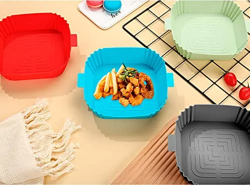 SZONZ Silicone air Fryer Basket Air Fryer Silicone Pots Non-Stick Air Fryer Liners with Ear Handles Reusable AirFryer Silicone Basket Parchment Pot Paper Multicolor (Square, Pack of 3)