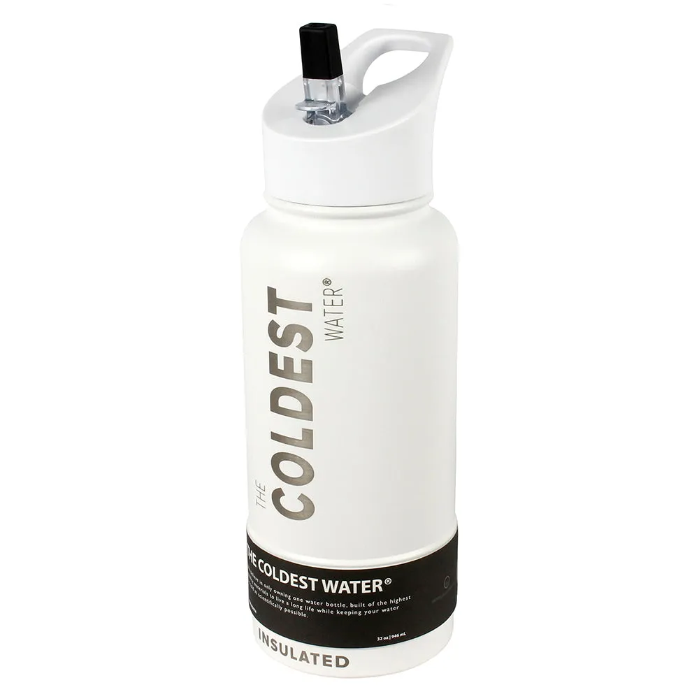 The Coldest Sports Water Bottle 32oz Straw Lid Stainless Steel BPA Free White