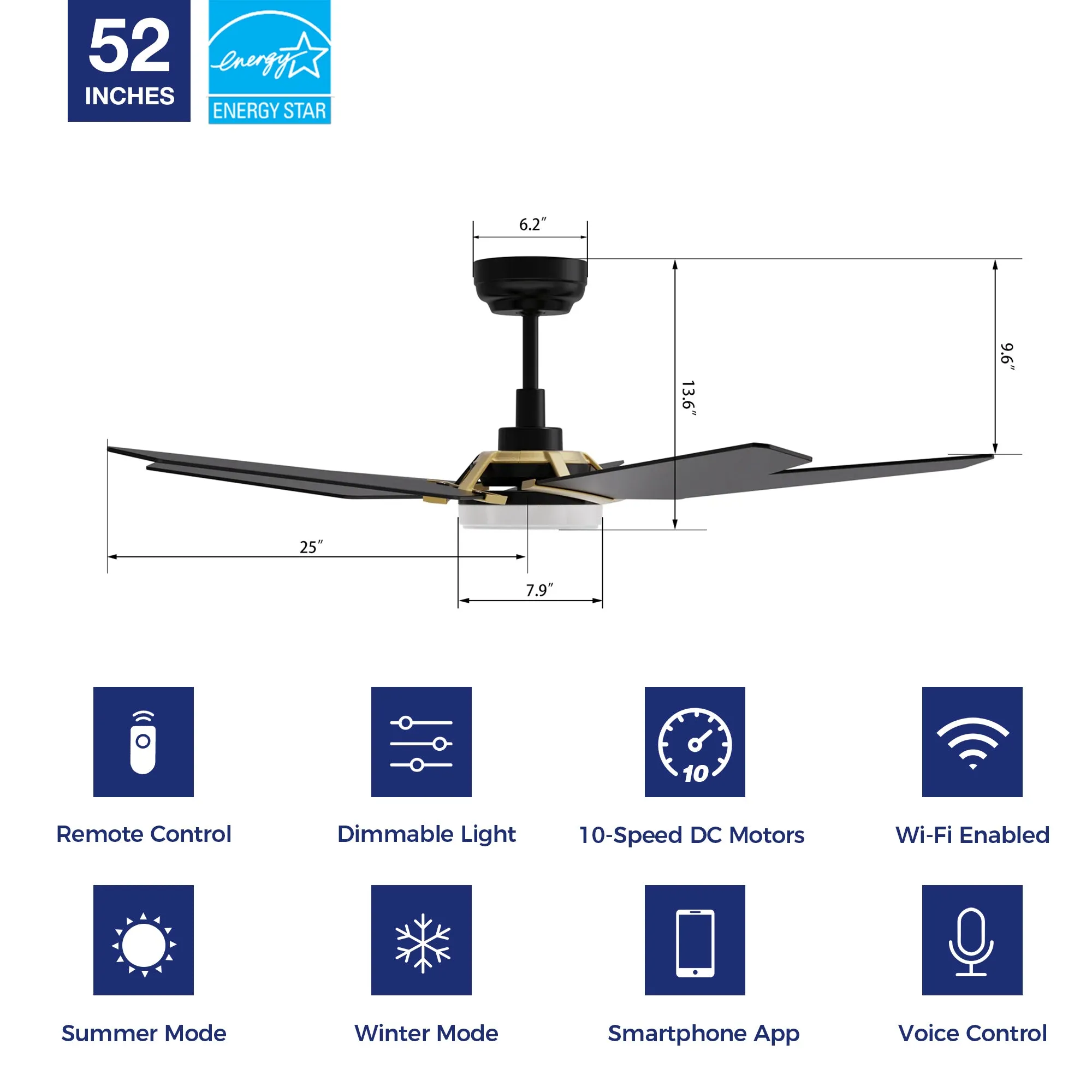 Voyager Outdoor Smart Ceiling Fan with Dimmable LED Light Remote 52"