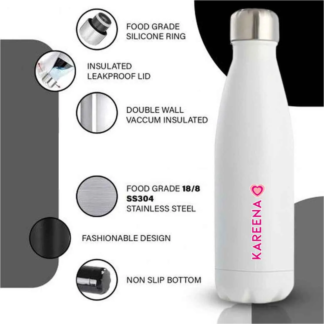 Water Bottle with Name Printed - Stainless Steel Insulated Water Bottles 500ml