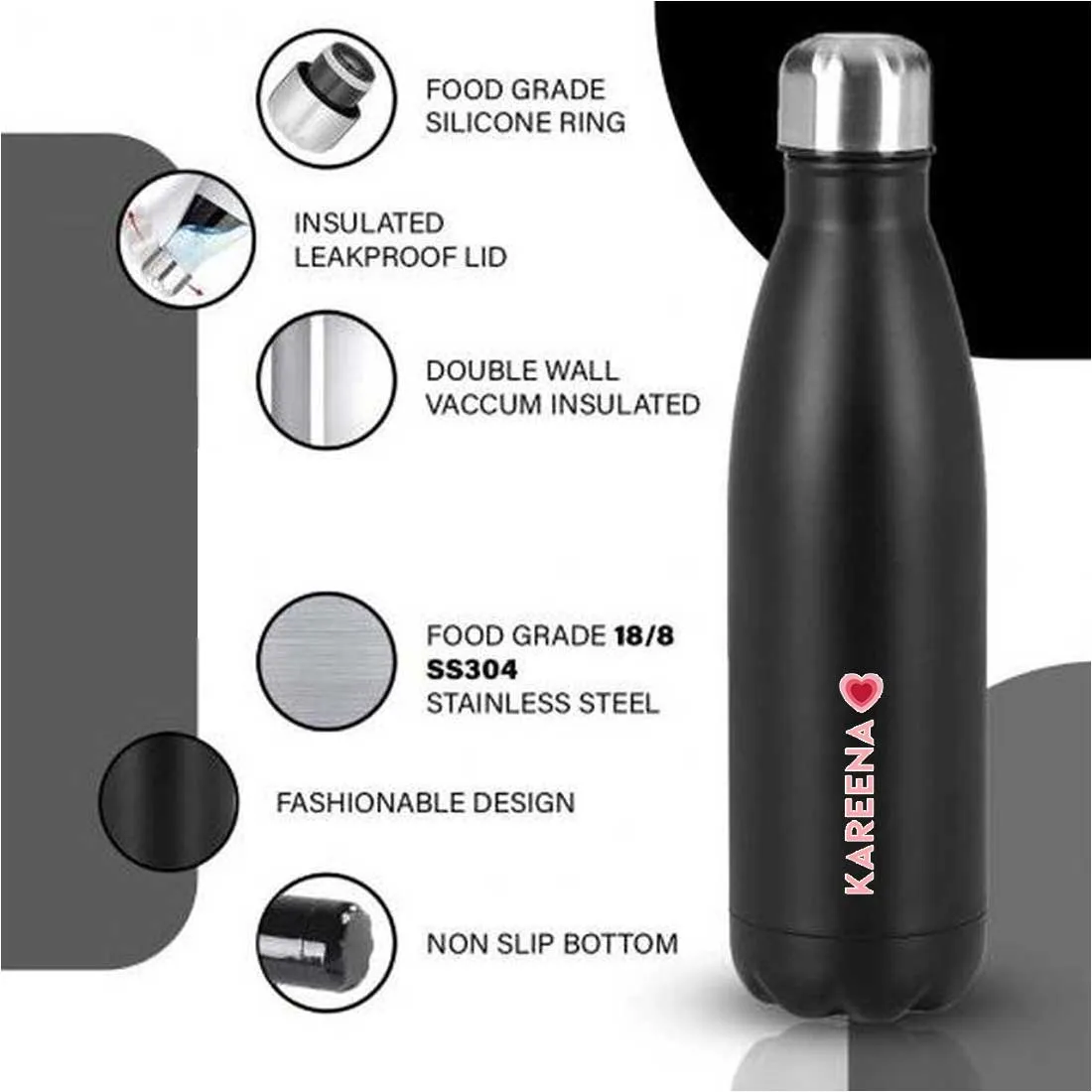 Water Bottle with Name Printed - Stainless Steel Insulated Water Bottles 500ml