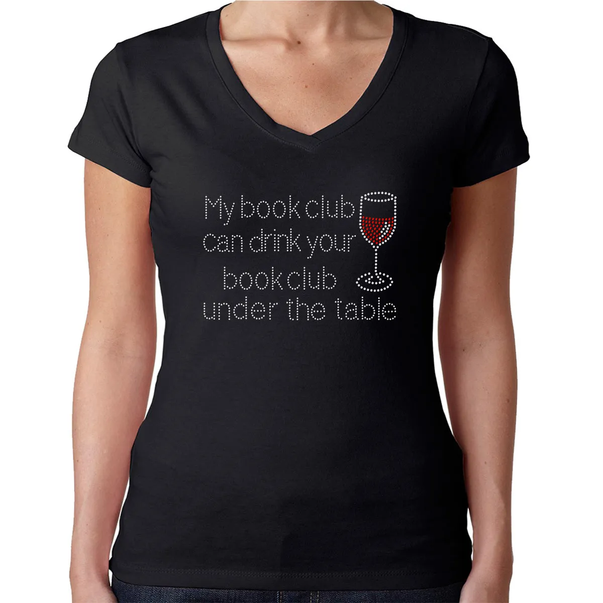 Womens T-Shirt Rhinestone Bling Black Fitted Tee My Book Club Red Wine Glass