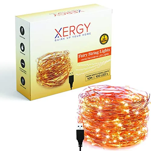 XERGY 10 M,100 LED's Fairy Light (3 Copper Wires, Durable Quality) Waterproof Decorative String Lights - USB Powered (USB Wire Length - 2 M)