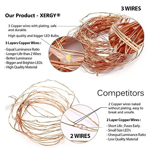 XERGY 10 M,100 LED's Fairy Light (3 Copper Wires, Durable Quality) Waterproof Decorative String Lights - USB Powered (USB Wire Length - 2 M)