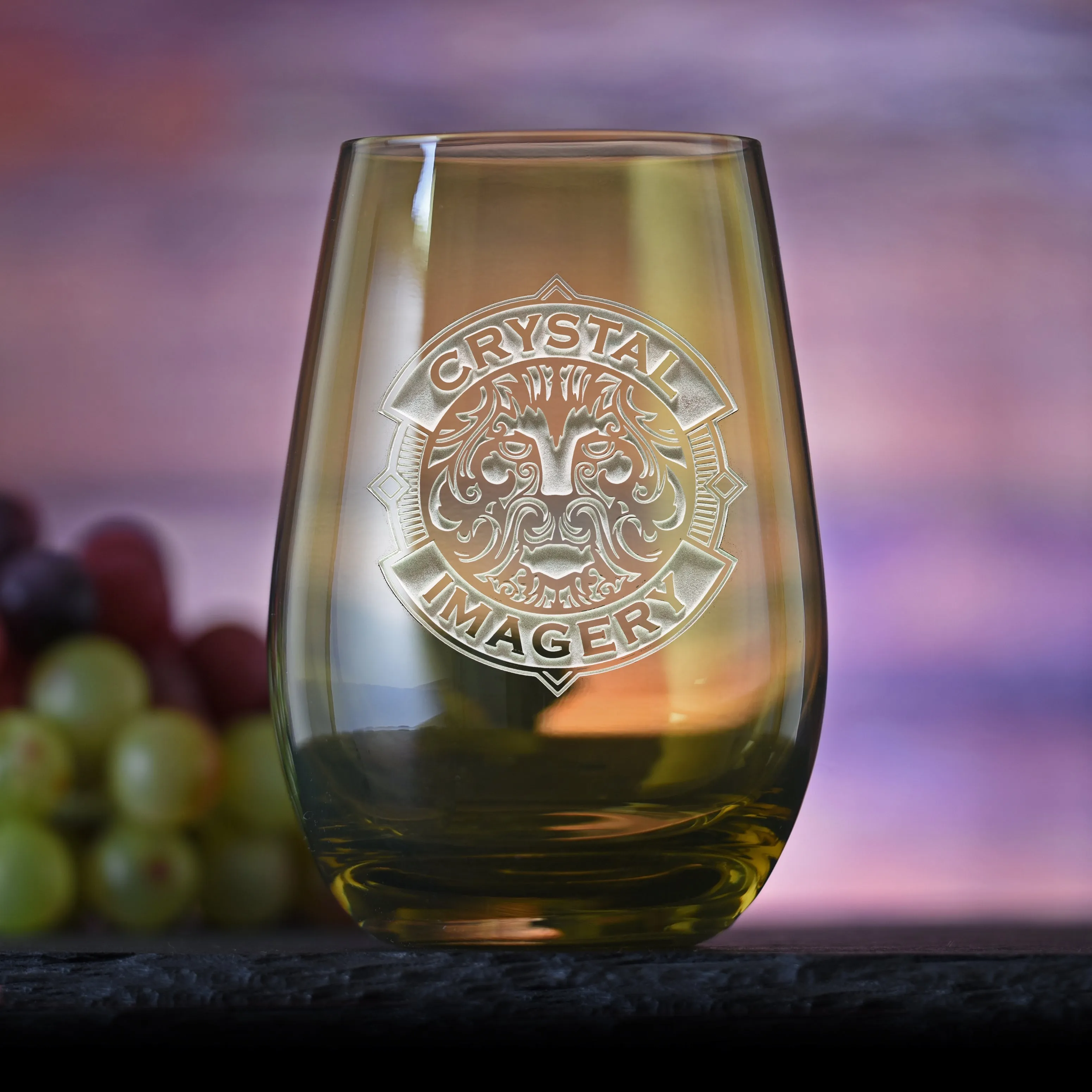 Your Logo Engraved Green Stemless Wine Glass by Crystal Imagery